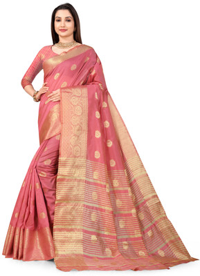 Hare Krishna Printed, Temple Border, Woven, Embellished, Solid/Plain Banarasi Cotton Silk, Art Silk Saree(Magenta)