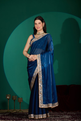 NQUEEN Embellished Bollywood Cotton Blend Saree(Blue)