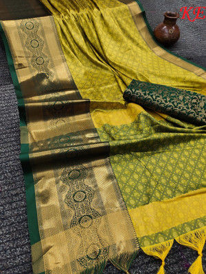 JEANITA FASHION Woven, Floral Print, Temple Border Bollywood Cotton Silk Saree(Light Green, Green)