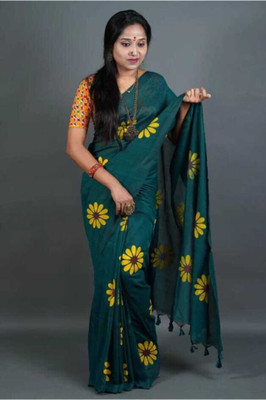 TutunDebnath Hand Painted Handloom Cotton Blend Saree(Dark Green)