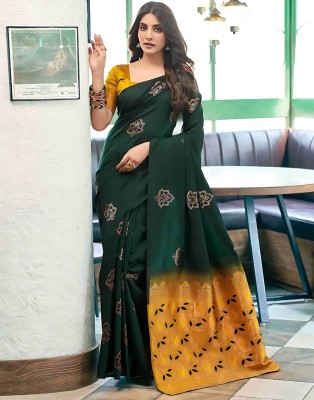 ZILVIRA Woven Kanjivaram Art Silk, Silk Blend Saree(Green, Yellow)