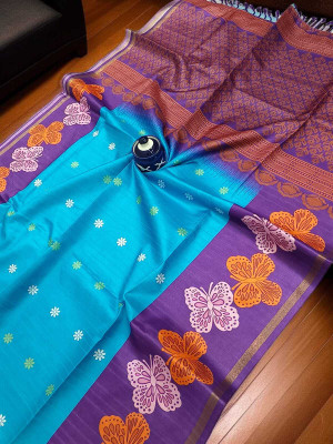 WILLMAKE Printed, Applique, Embellished, Floral Print, Woven Bollywood Cotton Linen Saree(Light Blue)