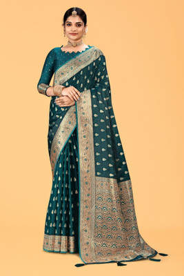 NEGRONISATR Woven Bollywood Satin Saree(Dark Green)