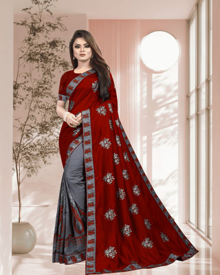 SHOBHTESH Embroidered, Self Design Venkatagiri Silk Blend, Net Saree(Maroon, Grey)