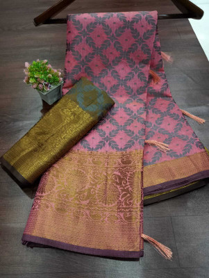 SIYADECOR Floral Print, Self Design, Solid/Plain, Digital Print Kanjivaram Pure Cotton, Jacquard Saree(Pink)