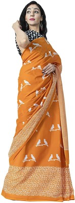 Cotton Mulmul Saree Hub Blocked Printed, Self Design, Dyed, Printed, Floral Print, Color Block Daily Wear Pure Cotton Saree(Orange)