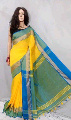 Maatarasaree Temple Border Handloom Handloom Cotton Blend Saree(Yellow)