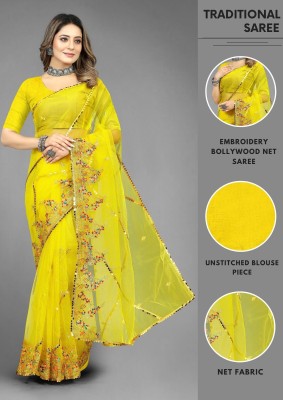 Yashvi Designer Embroidered Bollywood Net Saree(Yellow)