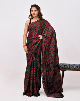 Rajnesa Blocked Printed Handloom Viscose Rayon, Silk Blend Saree(Maroon, Black)