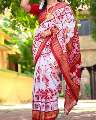 romakrishto Printed Hand Batik Pure Cotton Saree(Pack of 2, White)