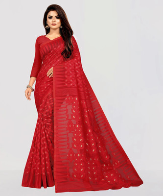ANISSA SAREE Woven Jamdani Cotton Blend Saree(Red)