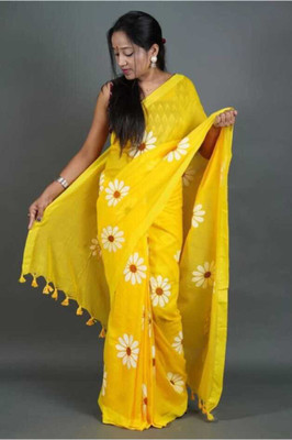 TutunDebnath Hand Painted Handloom Cotton Blend Saree(Yellow)
