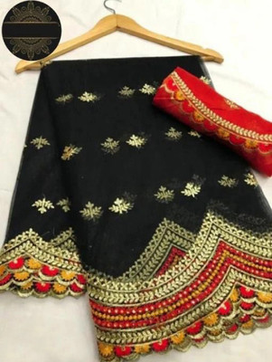R K Textiles Embroidered, Embellished Bhagalpuri Net Saree(Black)