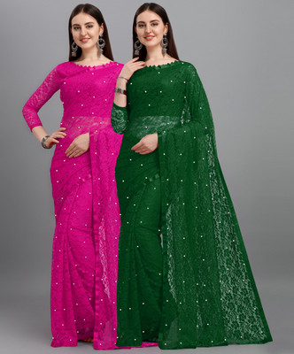 LOROFY Self Design Bollywood Net Saree(Pack of 2, Multicolor)