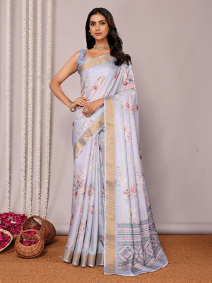 Janasya Printed, Floral Print Chanderi Silk Blend Saree(Light Blue)