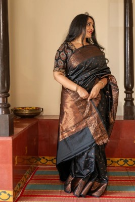 cosfic Striped Bollywood Jacquard Saree(Black)