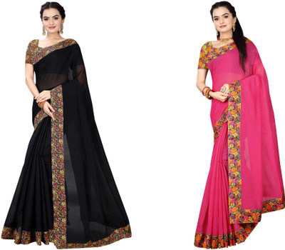 manish Solid/Plain Chanderi Cotton Blend Saree(Pack of 2, Magenta, Black)