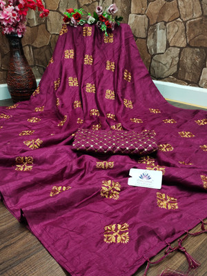 VILLAGIUS Embroidered Chanderi Silk Blend Saree(Magenta)