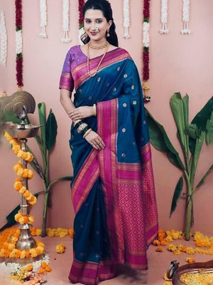 RASIFASHION Woven Paithani Silk Blend Saree(Blue)