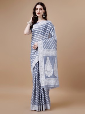 Divastri Striped, Woven, Embellished, Floral Print Banarasi Pure Cotton Saree(Grey)