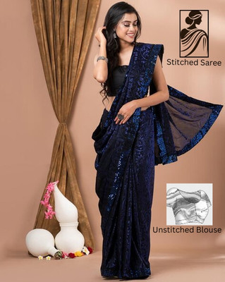 Amavii Embellished, Floral Print Bollywood Lycra Blend Saree(Dark Blue)