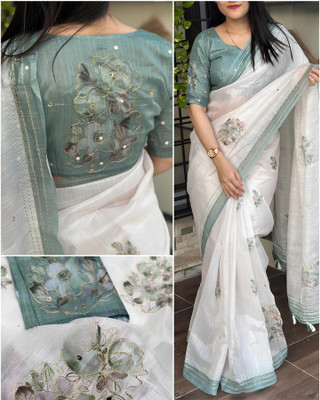 Drujha Digital Print Kantha Cotton Linen Saree(Light Green, White)