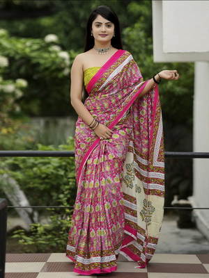 Tasrika Printed Daily Wear Cotton Blend Saree(Pink)