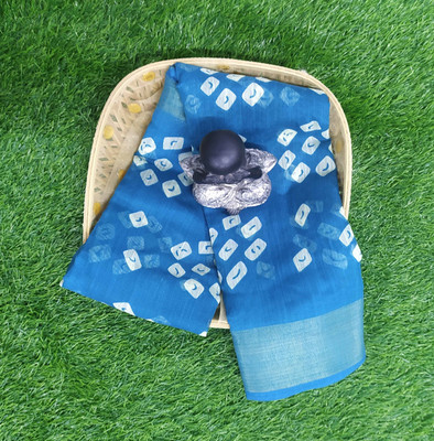 Hanvi Creation Printed Bandhani Cotton Blend Saree(Light Blue)