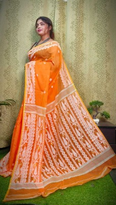 Rnn Saree Printed Jamdani Cotton Silk Saree(Orange)