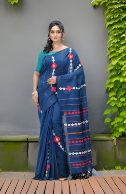 Desh Bidesh Striped, Solid/Plain, Applique Handloom Handloom Cotton Blend, Pure Cotton Saree(Blue)