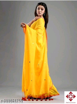 SMRITI HANDLOOM Solid/Plain Handloom Cotton Blend Saree(Yellow)