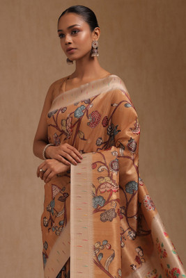soch Floral Print Saree with Attached Blouse Tussar Silk Saree(Mustard)