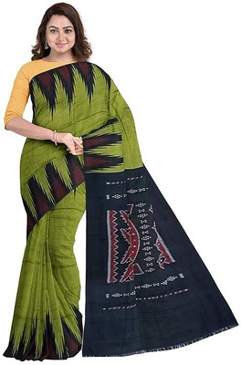 handloom paridhaan Self Design, Temple Border, Woven Handloom Pure Cotton Saree(Green)