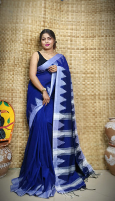 HouseOfCommon Printed Handloom Cotton Blend Saree(Dark Blue)