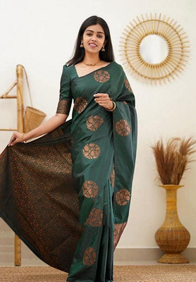 YASHIKA Printed Kanjivaram Cotton Silk, Jacquard Saree(Dark Green)