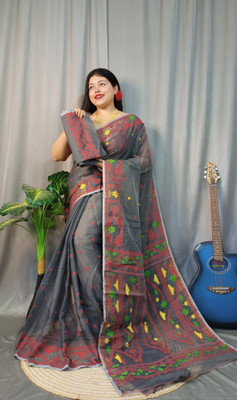 OWALID Embroidered Jamdani Cotton Linen Saree(Multicolor)