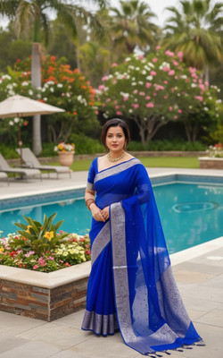 Ss sarees Solid/Plain, Woven Banarasi Organza Saree(Blue)