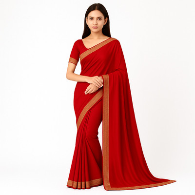 KAYA FASHTION Solid/Plain, Embellished Bollywood Satin Saree(Red)
