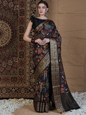 ANOUK Printed Chinnalapattu Viscose Rayon Saree(Black)