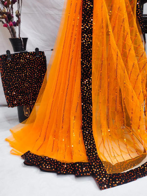 SVasuenterprise Embellished Bollywood Net Saree(Orange)