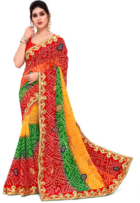Vishnu Creations Printed Bandhani Georgette Saree(Red)