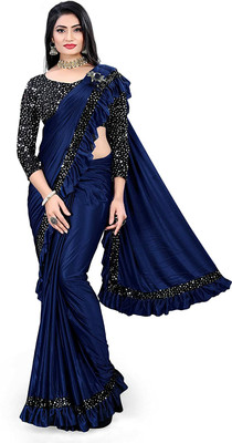 VaidehiStuti Solid/Plain Bollywood Lycra Blend Saree(Blue)