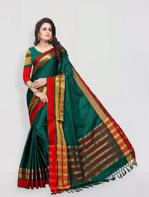 VJ FASHION Solid/Plain Bollywood Cotton Blend Saree(Green)