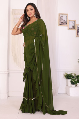 PATLANI STYLE Solid/Plain Pre Draped Saree Georgette Saree(Green)