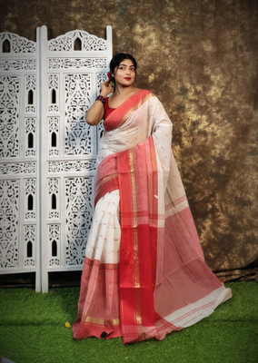 REBASAREECENTRE Solid/Plain, Woven Tant Pure Cotton Saree(White)