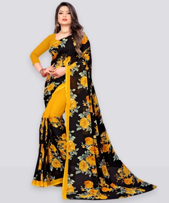 Anand Sarees Floral Print Bollywood Georgette Saree(Black, Yellow)