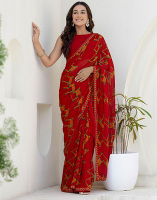 Samah Printed Daily Wear Georgette Saree(Red, Multicolor)