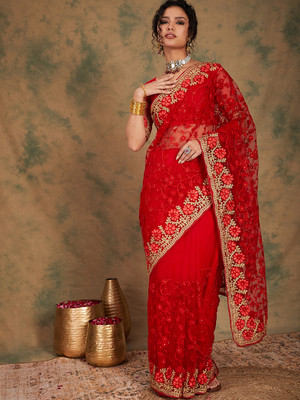 manvaa Embroidered Bollywood Net Saree(Red)