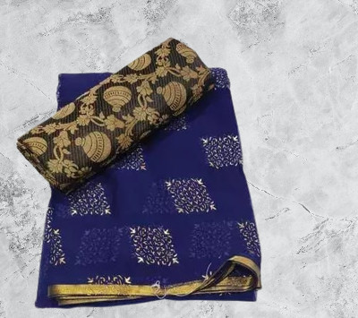 Desi Style Self Design Banarasi Net, Chiffon Saree(Blue, Black)
