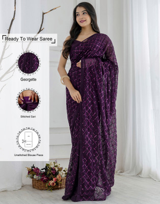 Samah Embellished, Self Design Bollywood Georgette Saree(Purple)